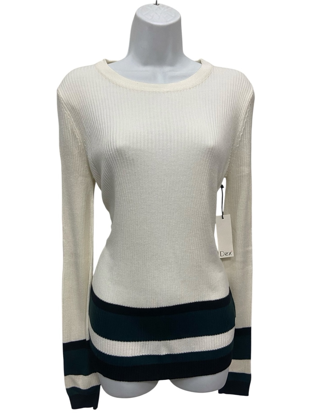 DEX Ivory Stripe Green Black Ribbed Knit Top Sweater - Women’s Large NWT